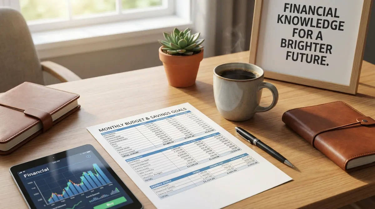 Organized desk with a monthly budget sheet