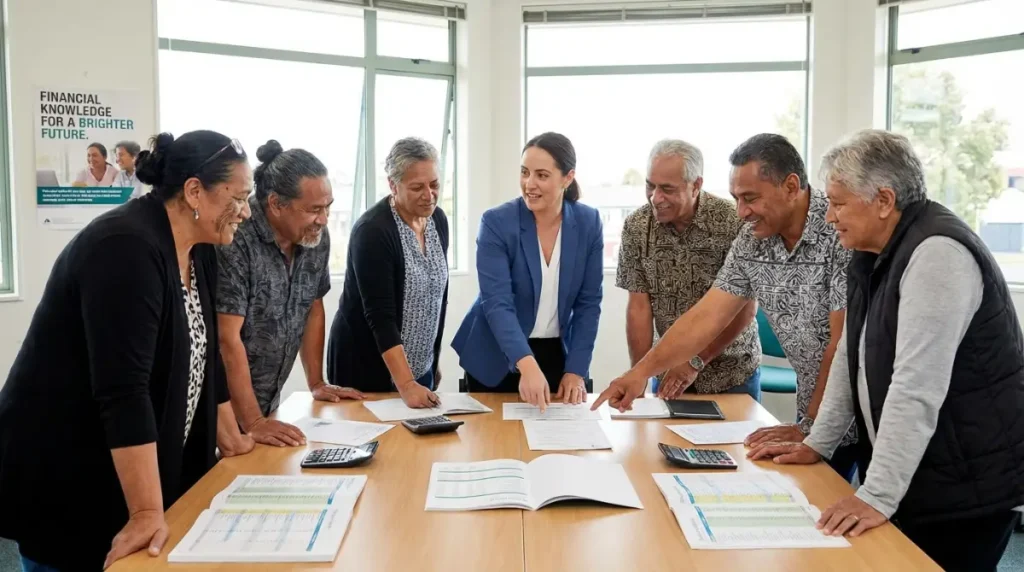 Financial advisor helping diverse individuals with budgeting in Papatoetoe