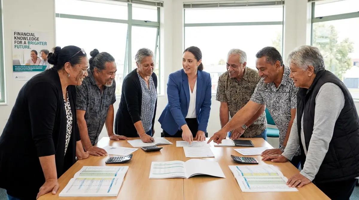 Financial advisor helping diverse individuals with budgeting in Papatoetoe