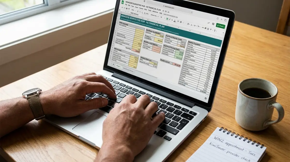 Person using a free budgeting spreadsheet template on a laptop in New Zealand