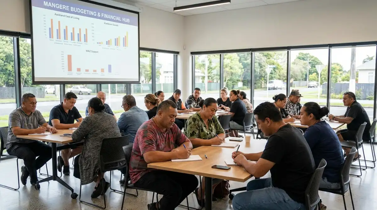 Adults learning at a financial literacy workshop in Auckland