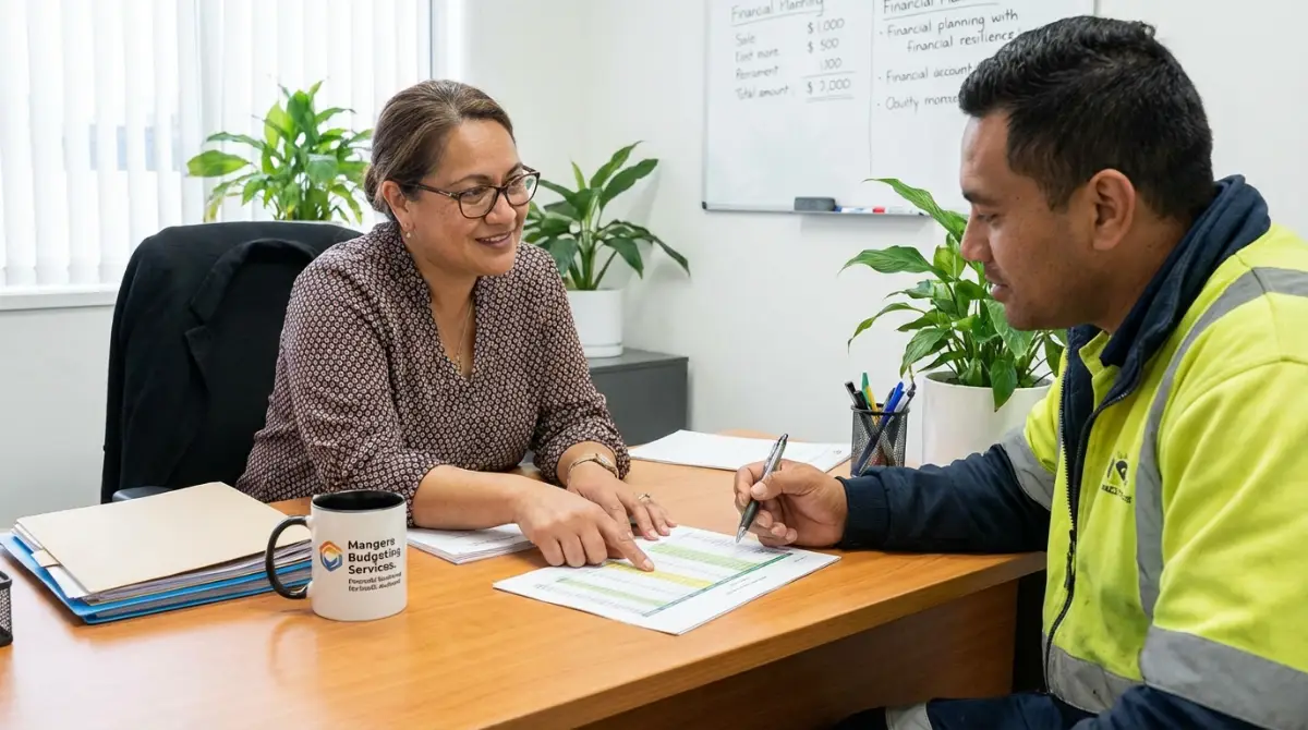 Budgeting advisor helping client with WINZ application for financial support