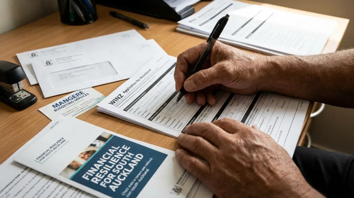 Filling out WINZ application forms in South Auckland