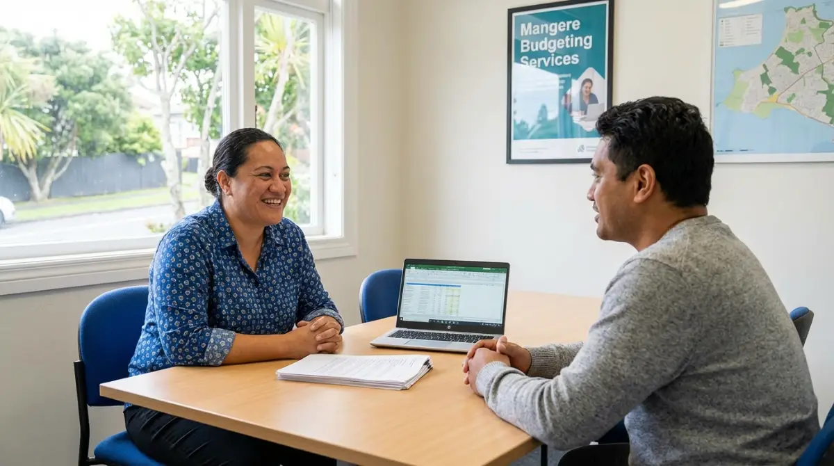 Financial mentor advising on essential living costs at Mangere Budgeting Services