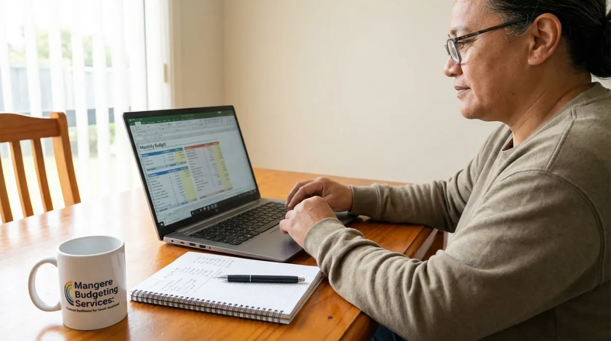 Person calmly managing finances with a budget spreadsheet