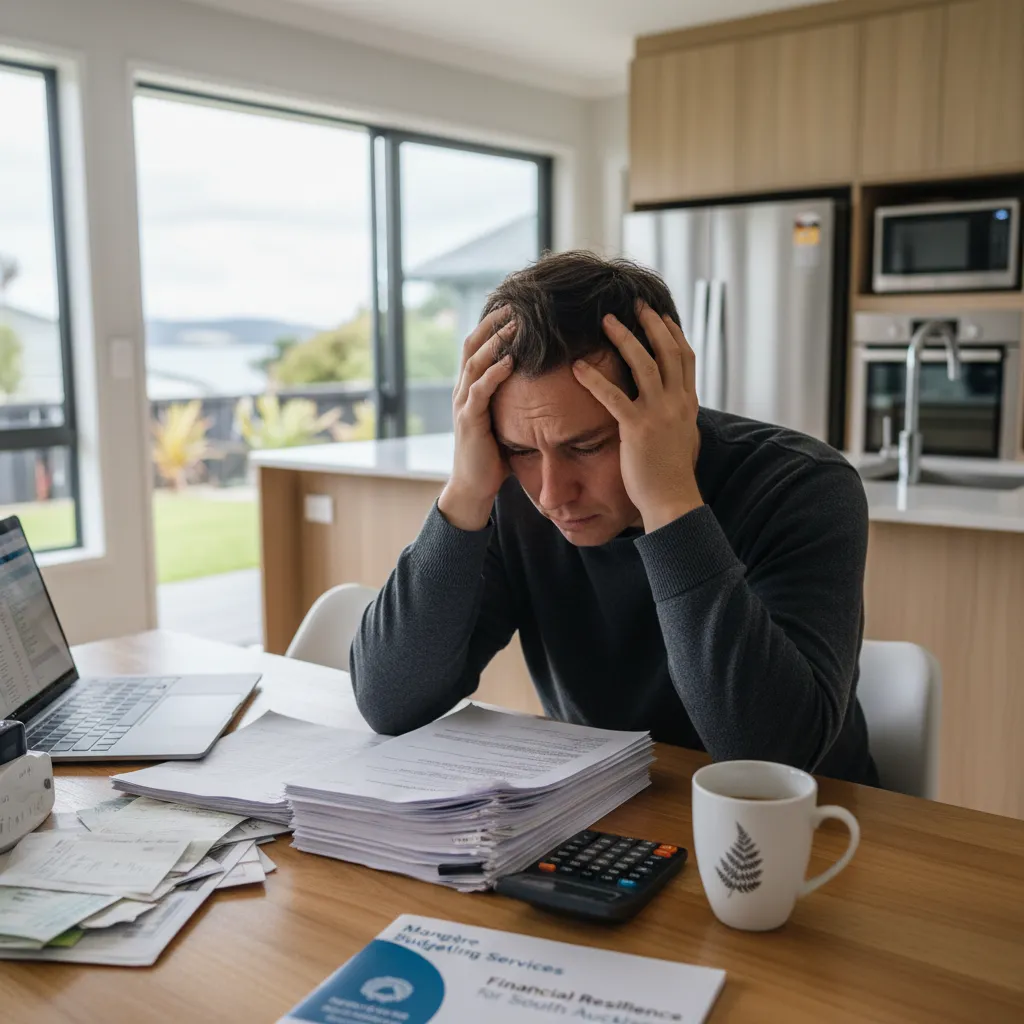 Stressed person reviewing car finance debt documents in NZ