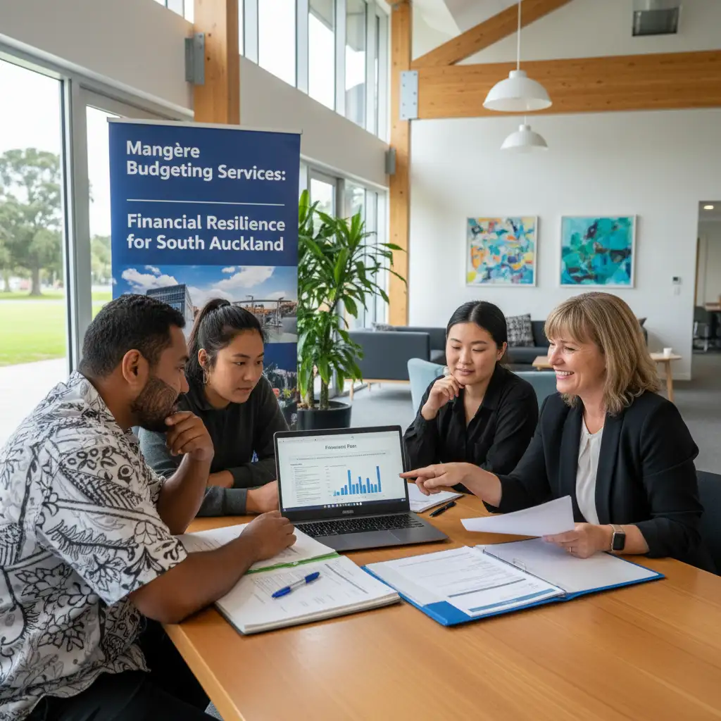 Diverse community members receiving afterpay debt help from a financial advisor