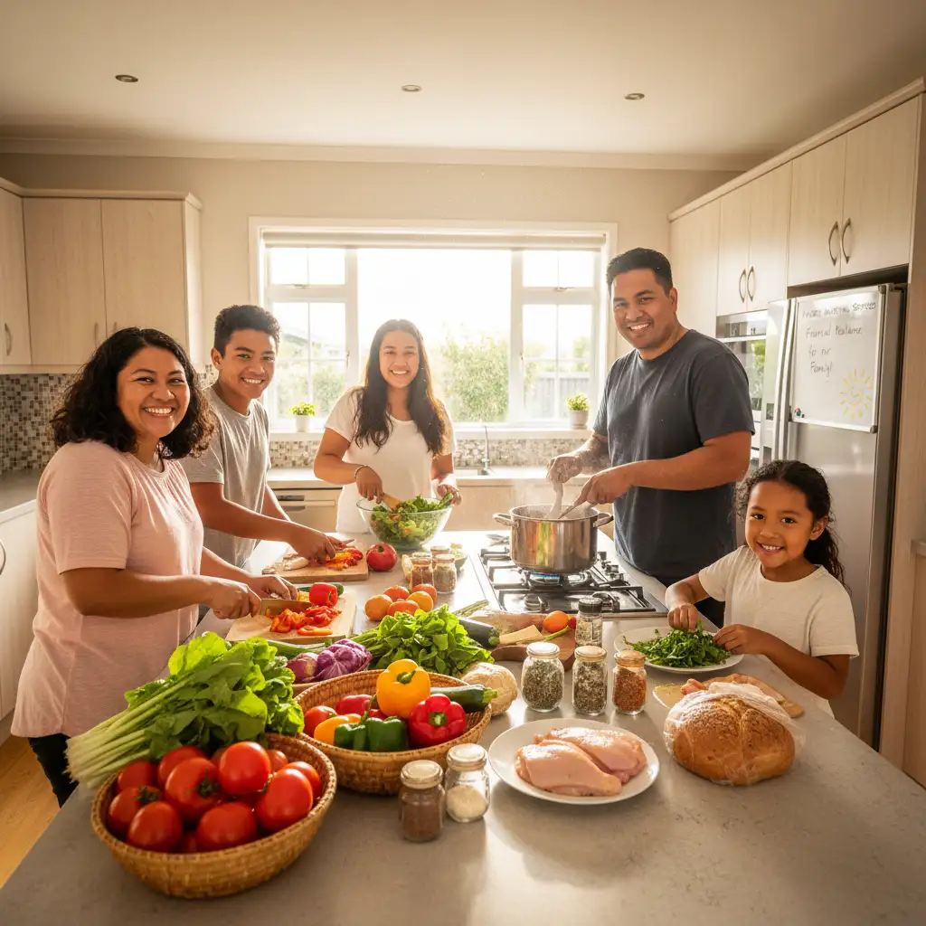 Family cooking a healthy meal with food bank assistance in South Auckland