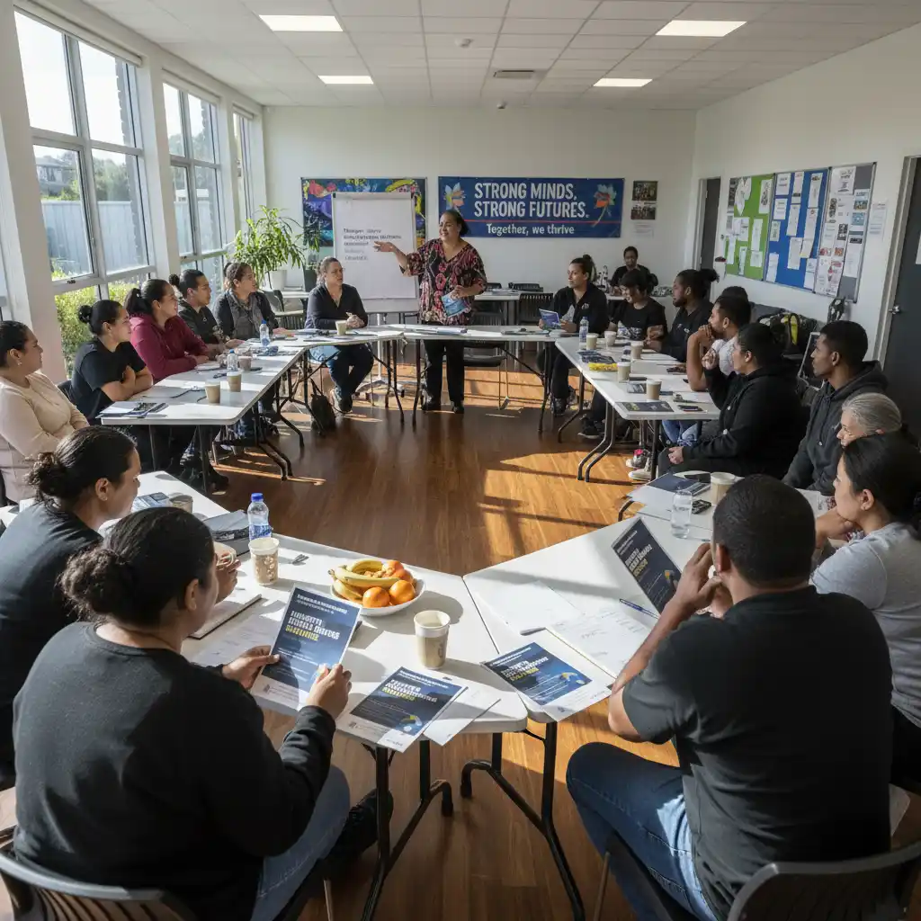 Community members discussing support services in South Auckland