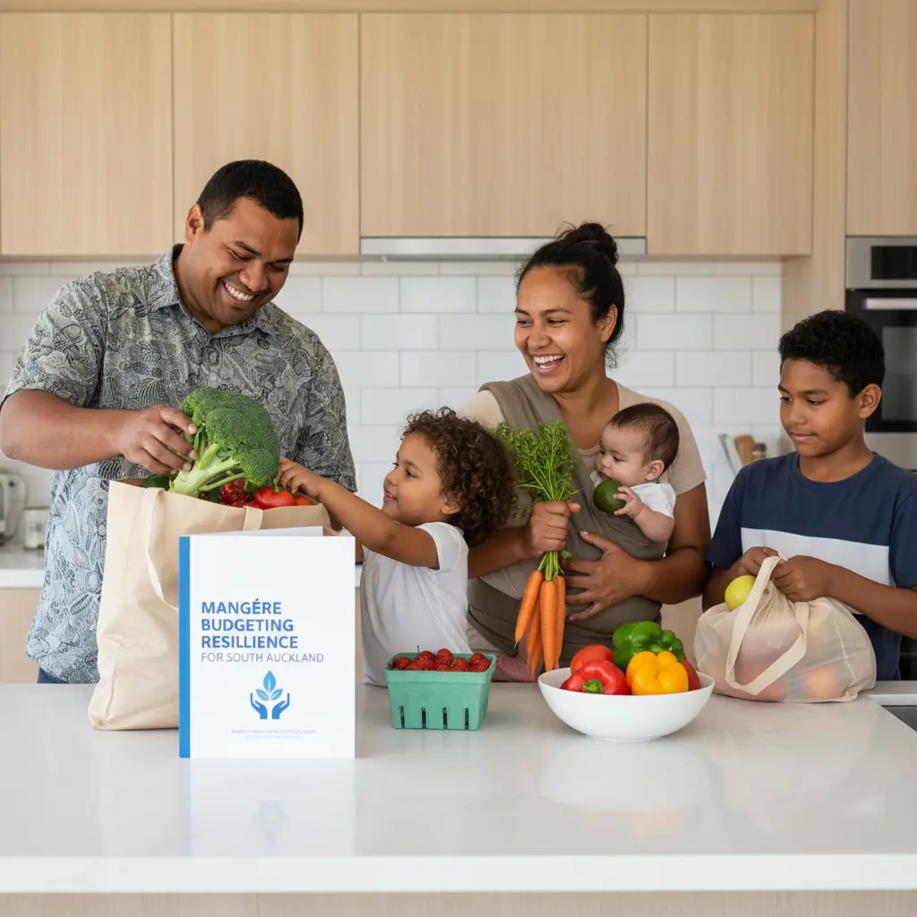 Family receiving emergency food grant Mangere, happy with groceries