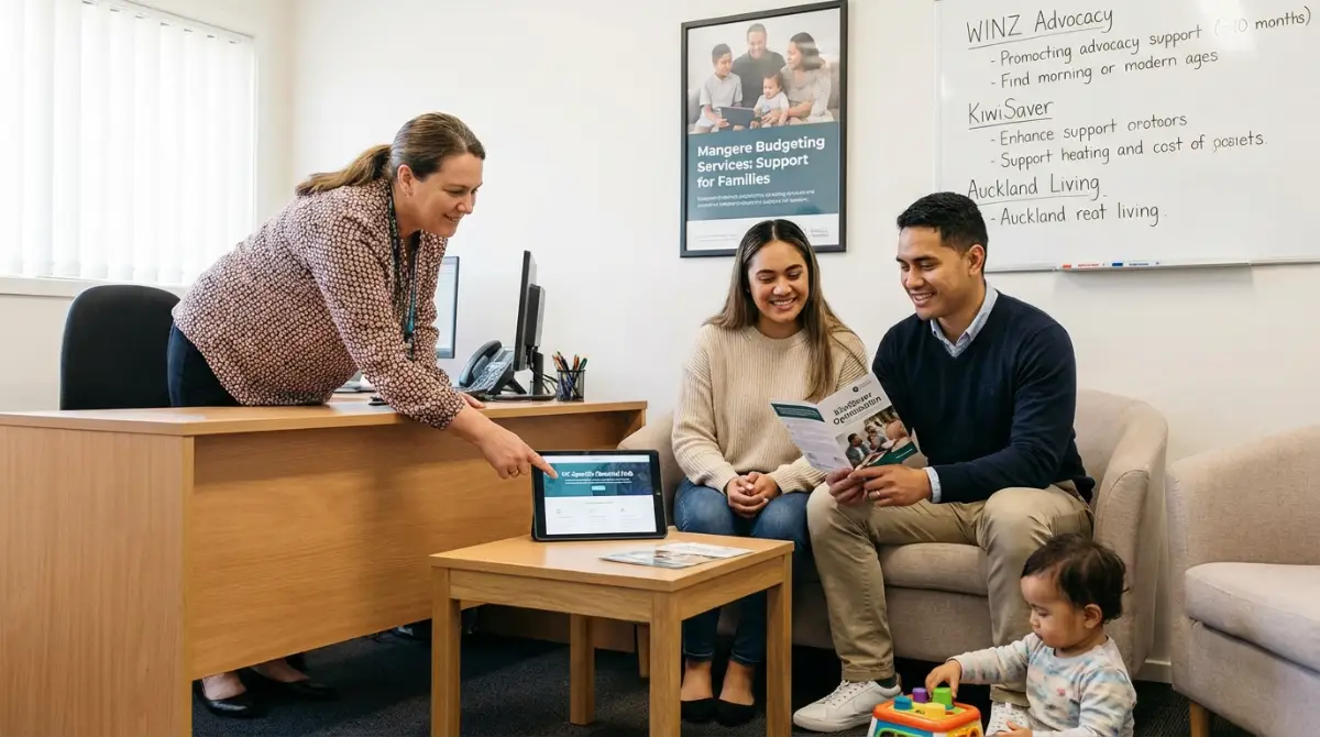 Budget advisor explaining Working for Families Tax Credits and WINZ benefits to a young family