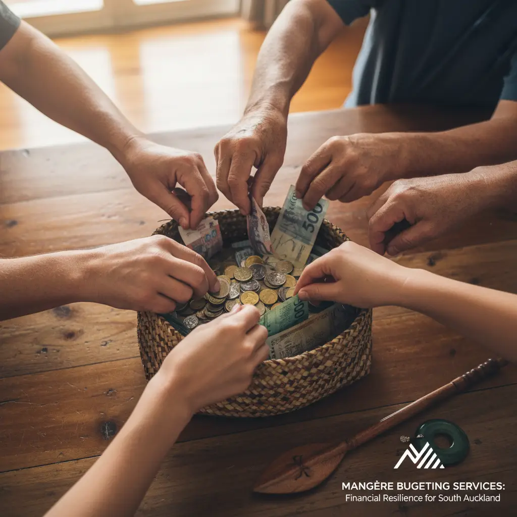 Māori whānau hands collectively contributing money to a kete, representing shared savings and financial responsibility.