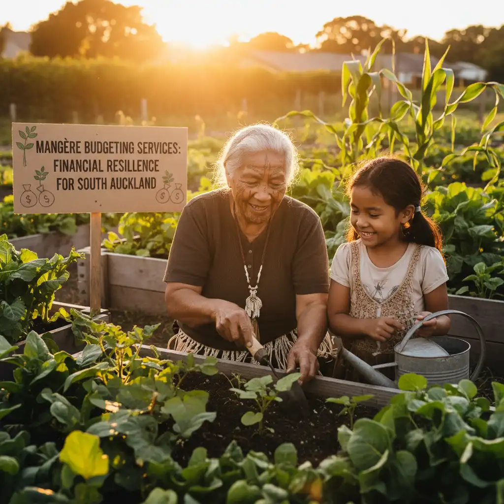 Elder Māori woman and granddaughter gardening, a metaphor for sustainable financial growth and intergenerational wealth management.