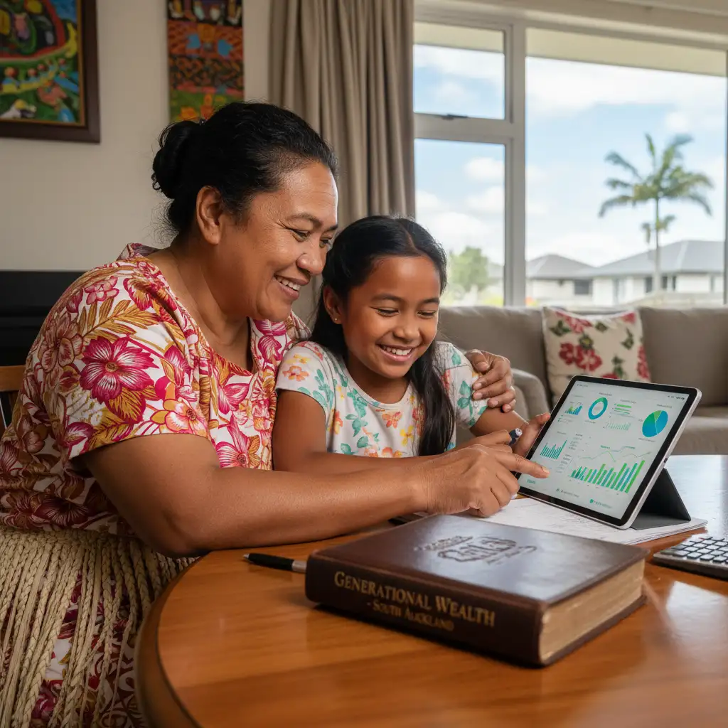 Grandmother teaching grandchild about Pasifika financial literacy