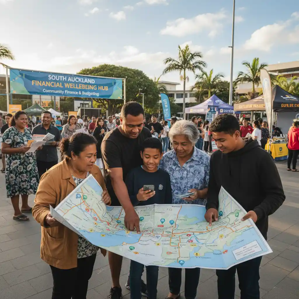 Family planning home purchase in South Auckland using a map, exploring suburbs