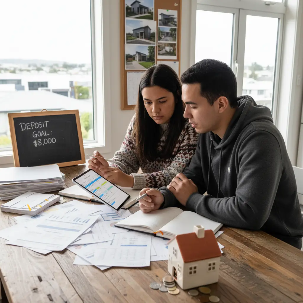 Couple budgeting for first home ownership in South Auckland with tablet and notes
