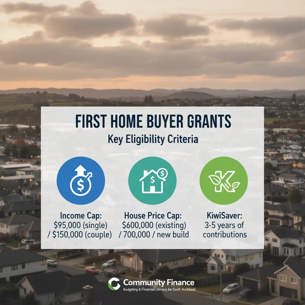 Infographic of First Home Grant and Loan eligibility requirements for Auckland
