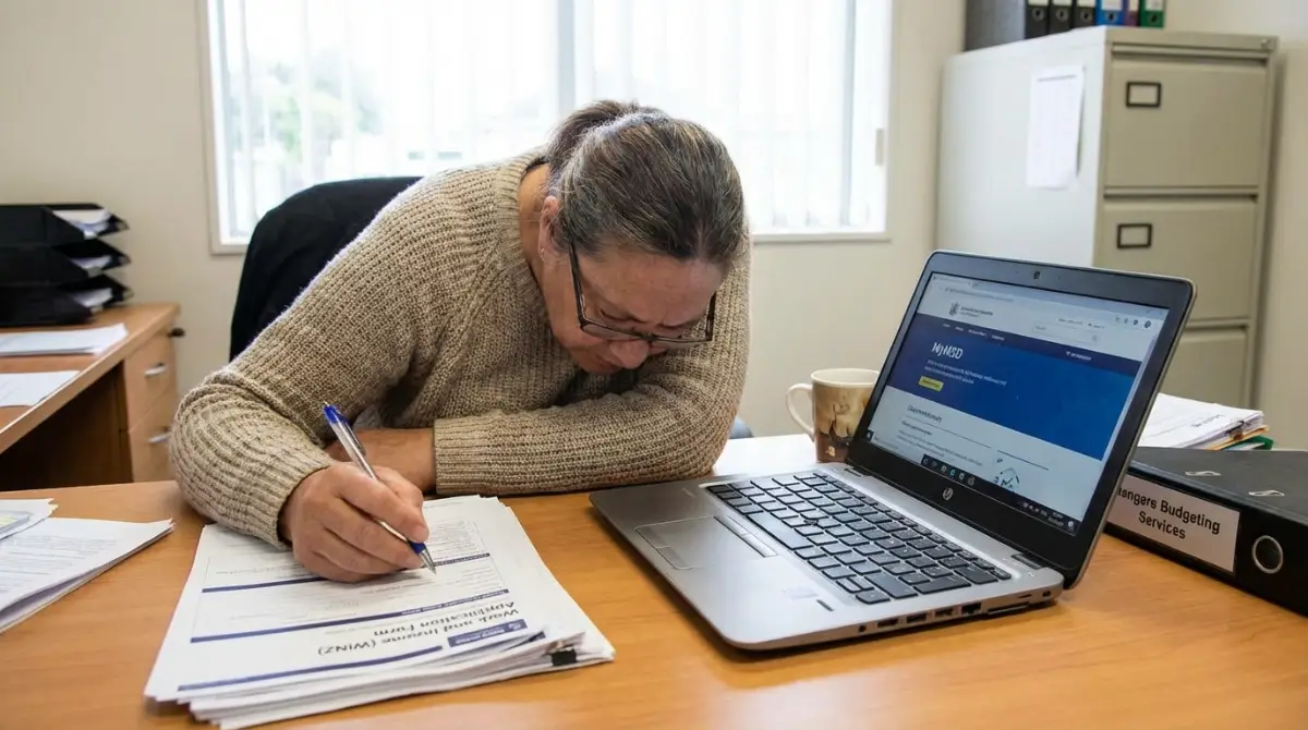 Person filling out a WINZ food grant application NZ form