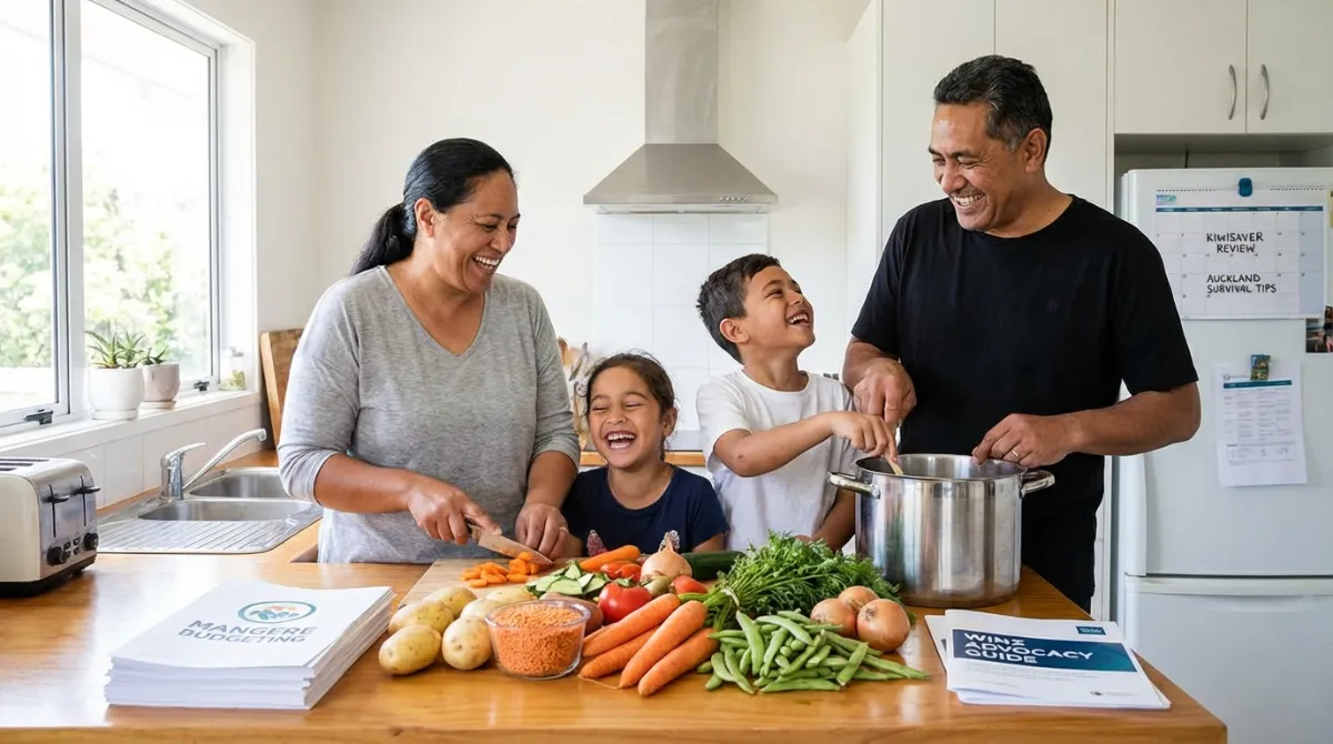 Family cooking healthy affordable meal together for Auckland food budget