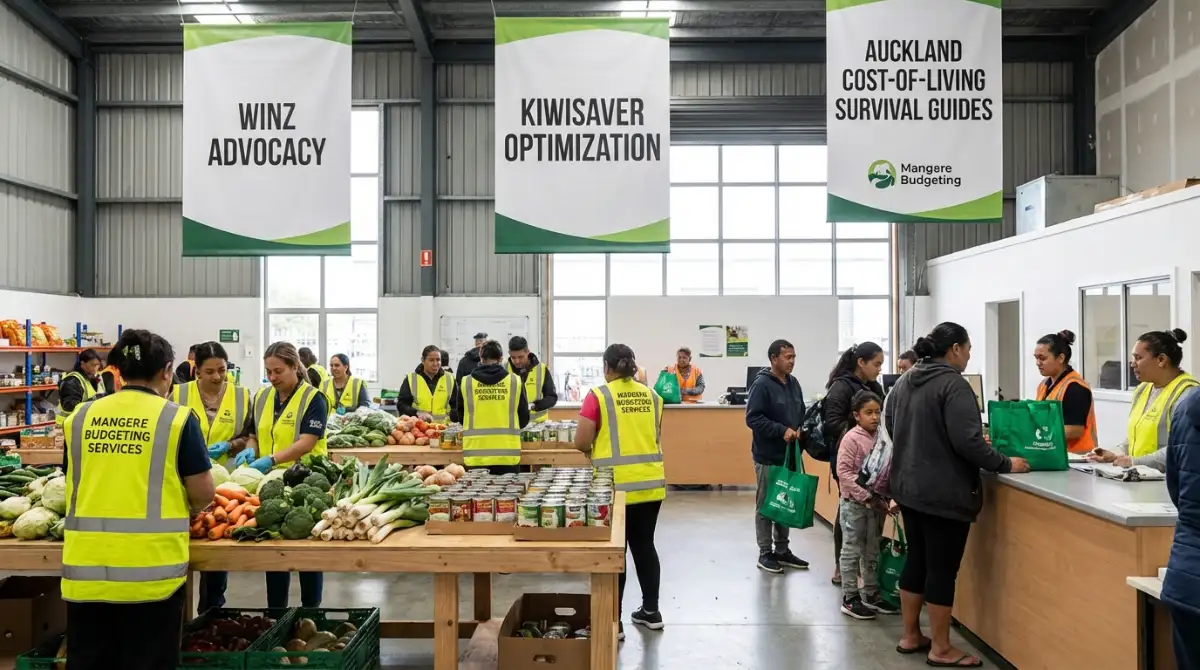 Volunteers sorting food at a South Auckland food bank, Mangere